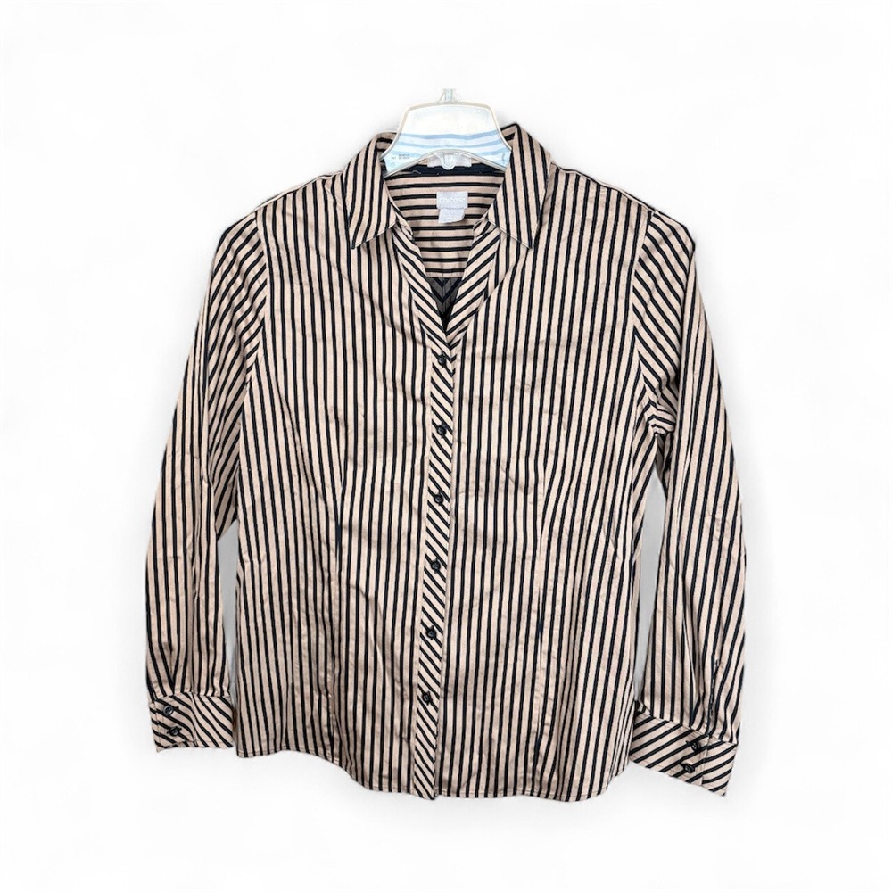 Chico's Womens Sz 1 US8 Brown Black Striped Button Down Long Sleeve Shirt Blouse